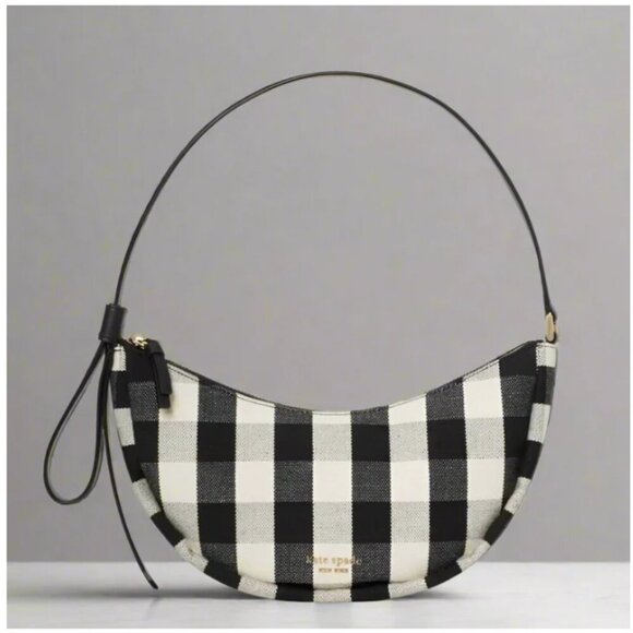 Kate Spade Smile Shoulder Bag Black Gingham Small Leather Fabric Zip Top White - Picture 3 of 9